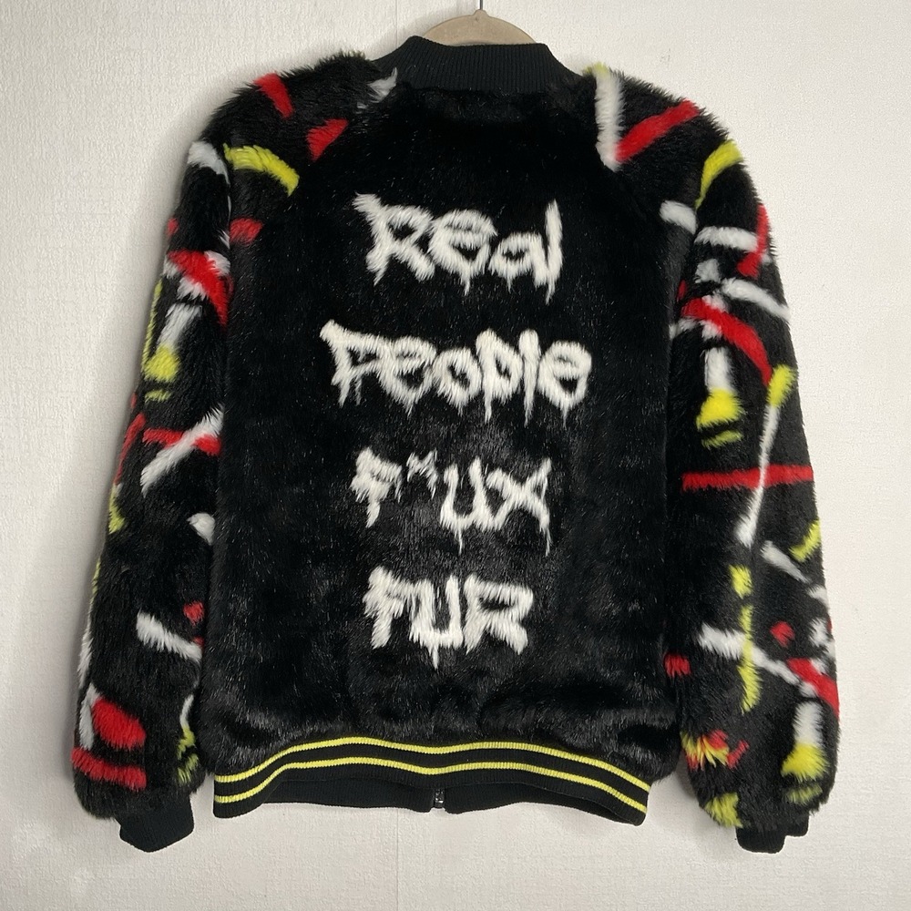 HEUREAH Real People Faux Fur Graphic Bomber Jacket Size Large Multicolor Pockets - Picture 7 of 13